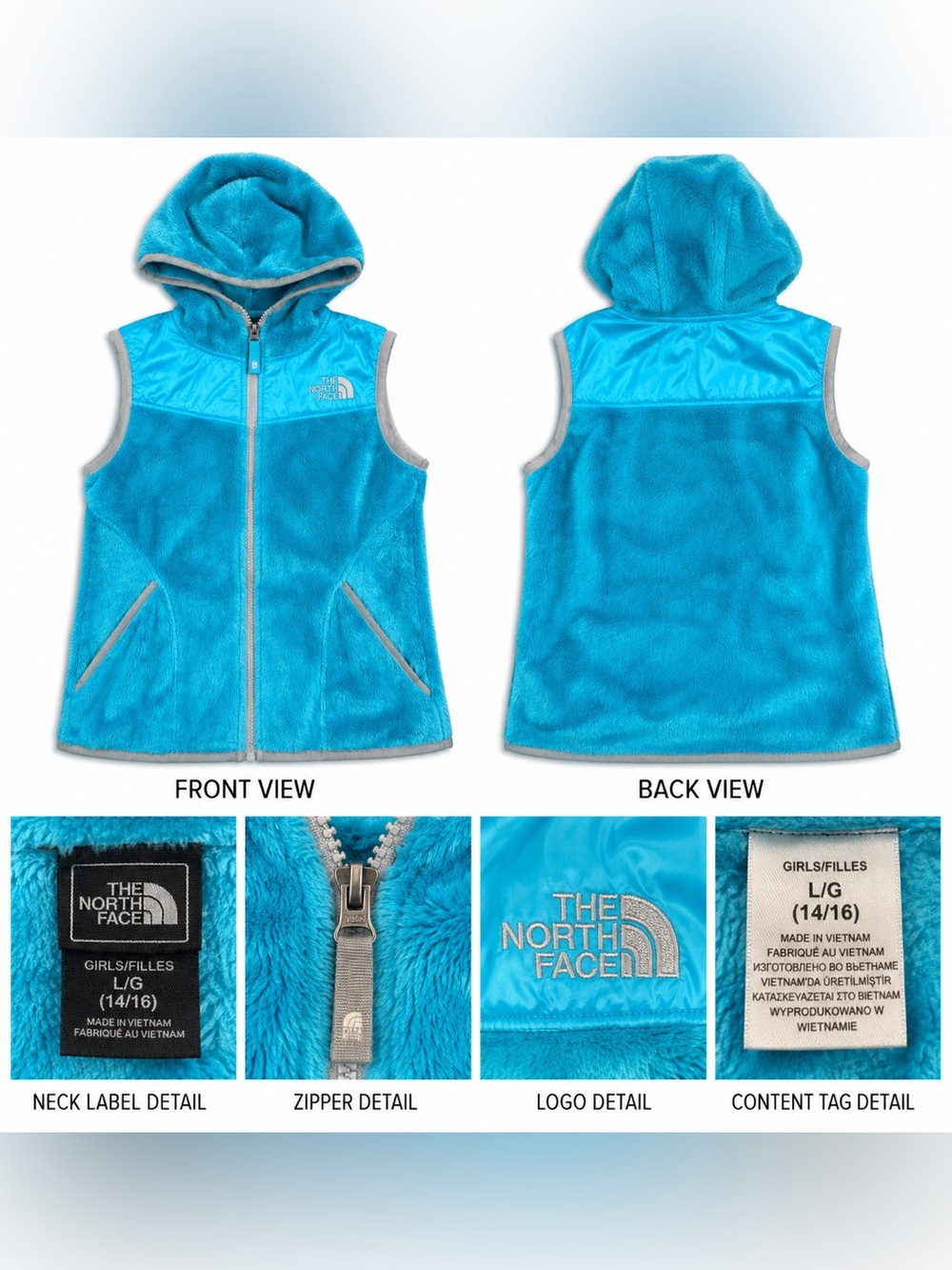 The North Face Girls' Hooded Fleece Vest in Bright Turquoise with Gray Trim